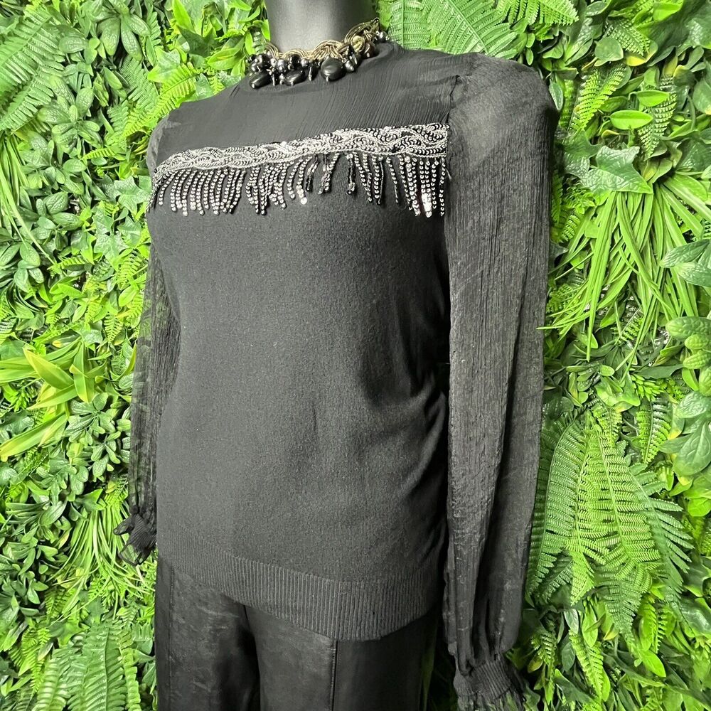 Ontwelfth Tops Women XL Black Sweater Blouse With Sequins Sheer Sleeve‎  0145 - Picture 7 of 13